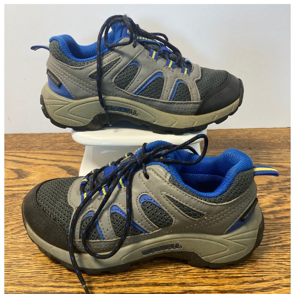 Merrell Boys Oakcreek Low Lace Waterproof Gray Blue Hiking Shoes Size 12M